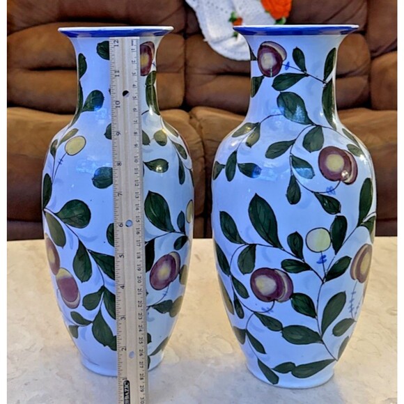 Chinese Ceramic Purple Yellow Plums Buds Green Leaves Chinoiserie 2 Vases VTG - Picture 3 of 5